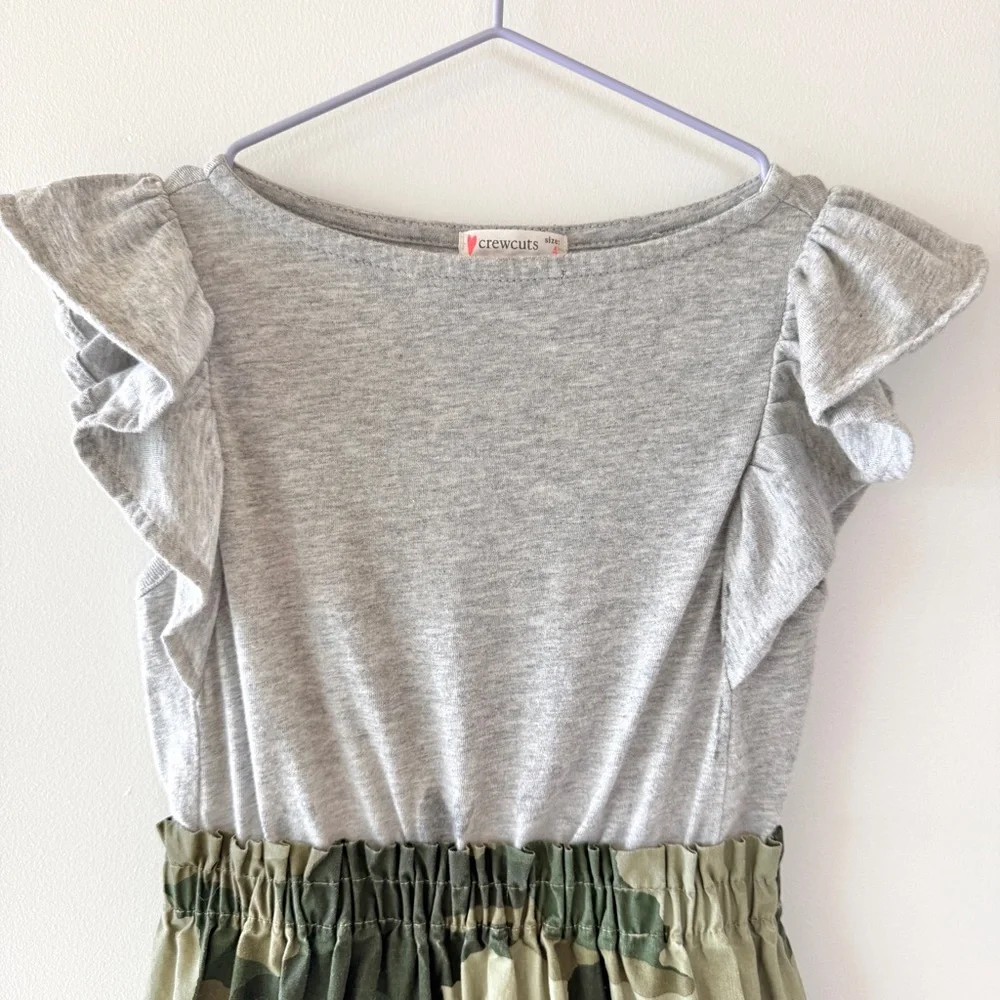 J.Crew Crewcuts Gray Ruffle Top Green Camo Skirt Dress Girls 4 Mixed Media